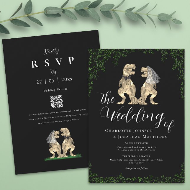 Invitation Code QR de mariage élégant noir et blanc de dinosa (T-Rex bride and groom funny dinosaur black and white wedding invitation)