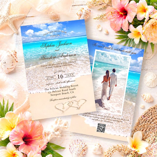 Invitation Code QR de mariage élégant sur la plage tropicale  (Créateur téléchargé)