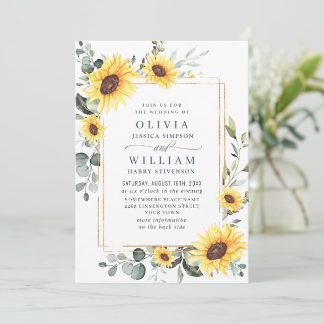 Invitation Code QR de mariage élégant tournesols eucalyptus (Debout devant)