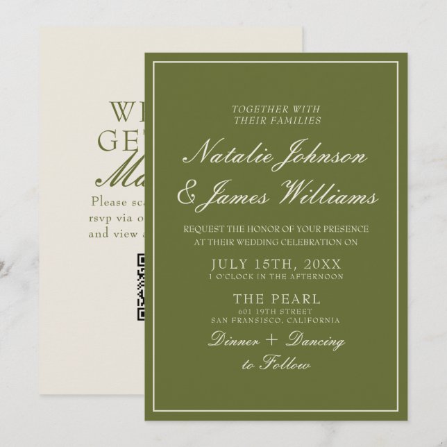 Invitation Code QR de mariage élégant vert olive à l'ancienne (Devant / Derrière)
