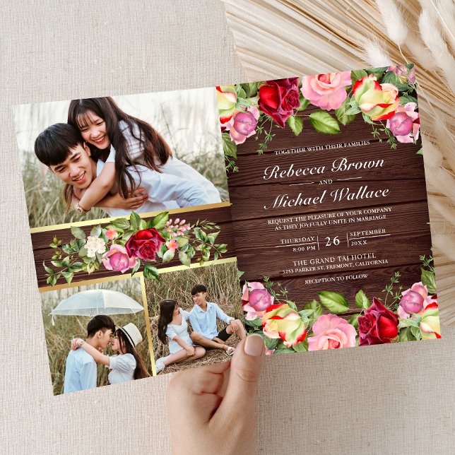 Invitation Code QR de mariage en bois avec roses rouges roses (Créateur téléchargé)