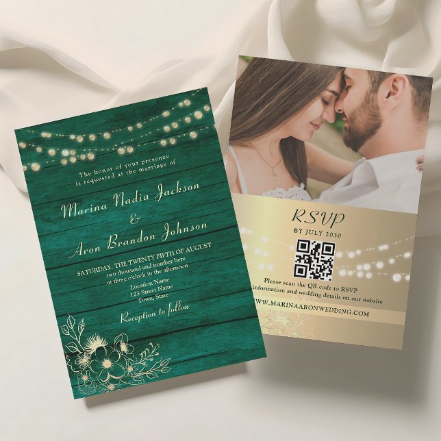 Invitation Code QR de mariage en bois rustique vert émeraude (Créateur téléchargé)