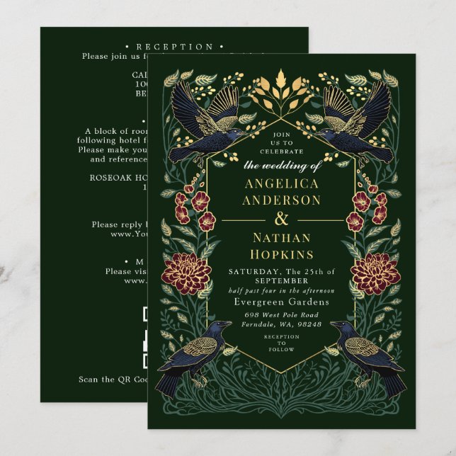 Invitation Code QR de mariage Enchanté Gothique Raven Snapdra (Devant / Derrière)