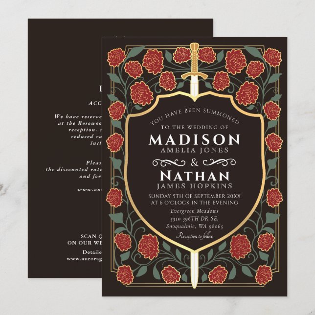 Invitation Code QR de mariage fantasy avec bouclier et épée n (Devant / Derrière)