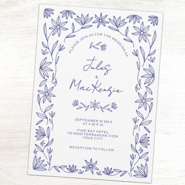 Invitation Code QR de mariage Fleur sauvage bleue méditerrané (Mediterranean floral blue and white QR code wedding invitaiton)