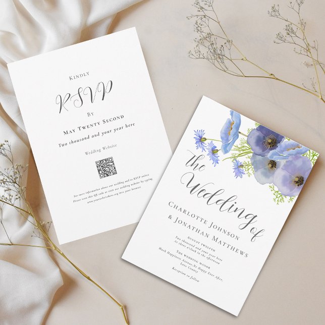 Invitation Code QR de mariage floral à l'aquarelle élégant bl (Elegant watercolor boho wildflower bouquet blue floral wedding qr code invitation)