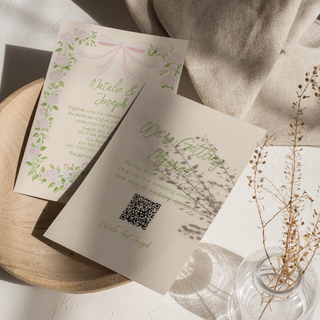 Invitation Code QR de mariage floral à ruban vert rose dessin (Créateur téléchargé)