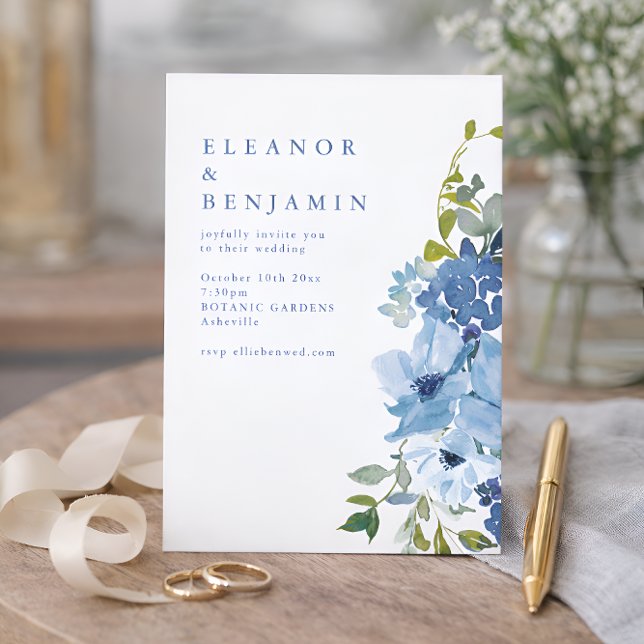 Invitation Code QR de mariage floral aquarelle bleu poussiére (Créateur téléchargé)