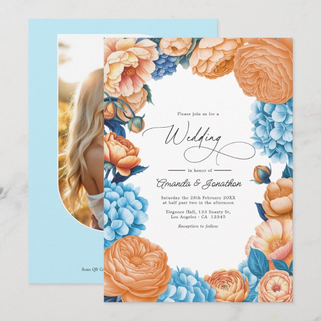 Invitation Code QR de mariage floral aquarelle pêche et bleu  (Devant / Derrière)