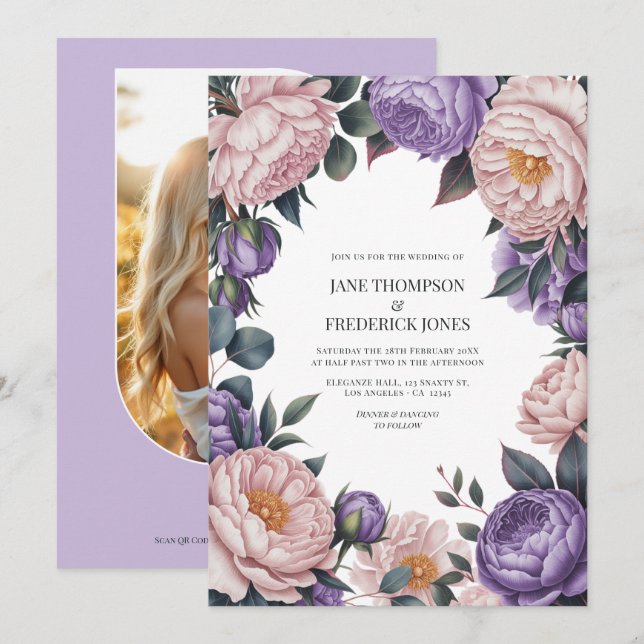 Invitation Code QR de mariage floral aquarelle rose et mauve (Devant / Derrière)