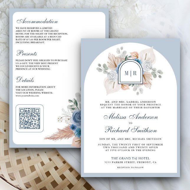 Invitation Code QR de mariage floral boho dusty blue pampas (Créateur téléchargé)