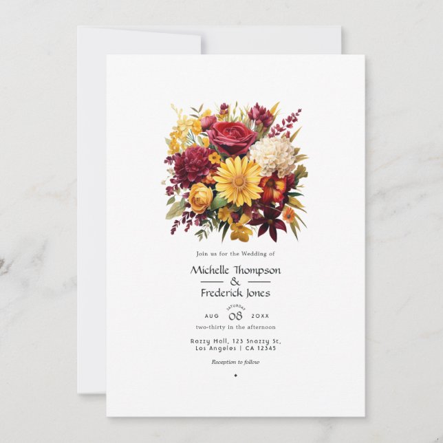 Invitation Code QR de mariage floral bordeaux et jaune (Devant)