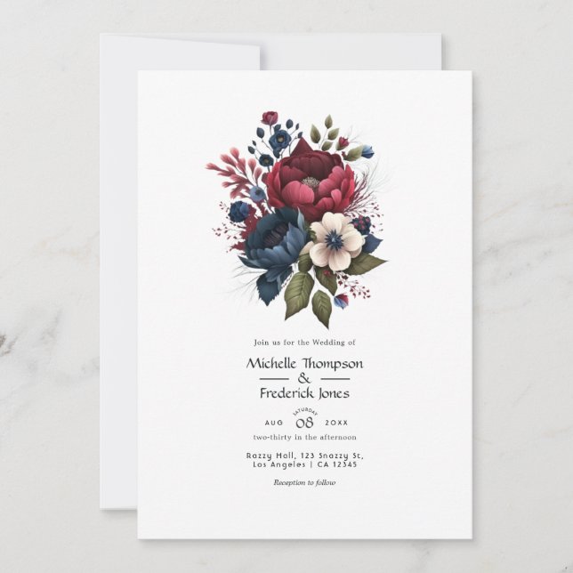 Invitation Code QR de mariage floral bordeaux et marine (Devant)