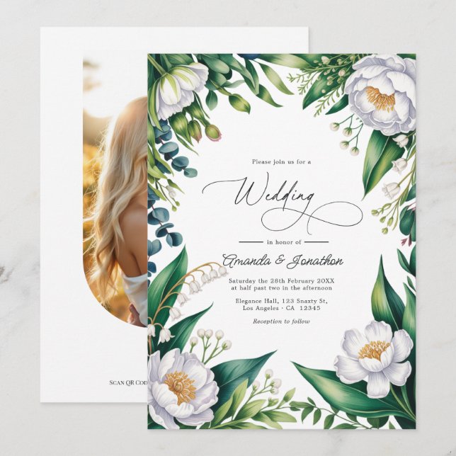 Invitation Code QR de mariage floral botanique vert et blanc (Devant / Derrière)