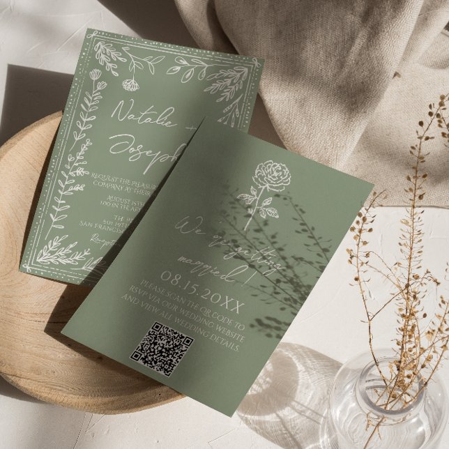 Invitation Code QR de mariage floral botanique vert sauge Boh (Créateur téléchargé)