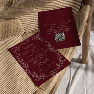 Invitation Code QR de mariage floral de Bourgogne chic et d'a
