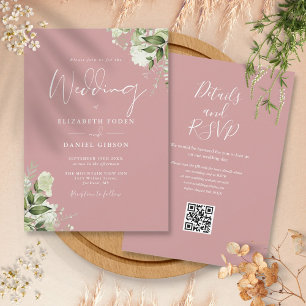 Invitation Code QR de mariage floral de verdure de rose pouss