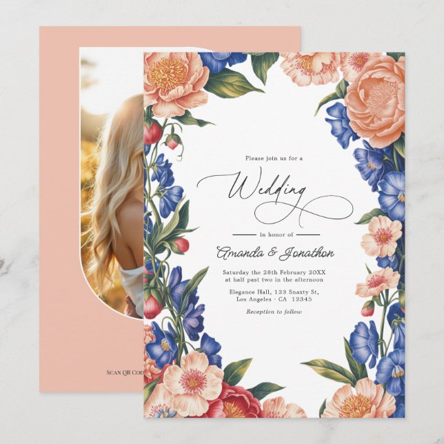 Invitation Code QR de mariage floral élégant pêche et bleu (Devant / Derrière)