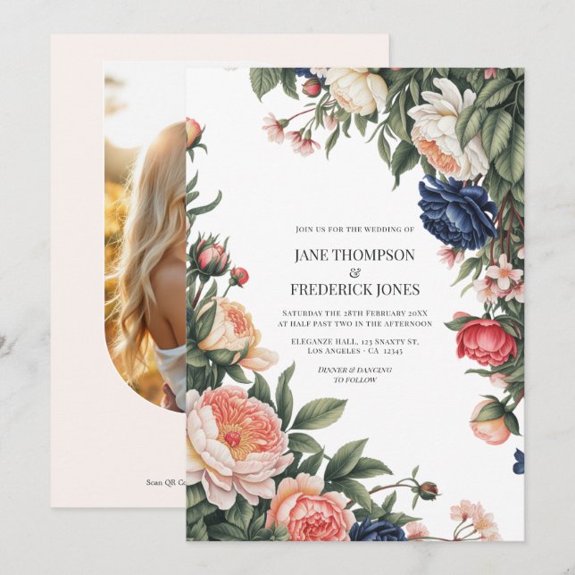 Invitation Code QR de mariage floral élégant sauge, marine et (Devant / Derrière)