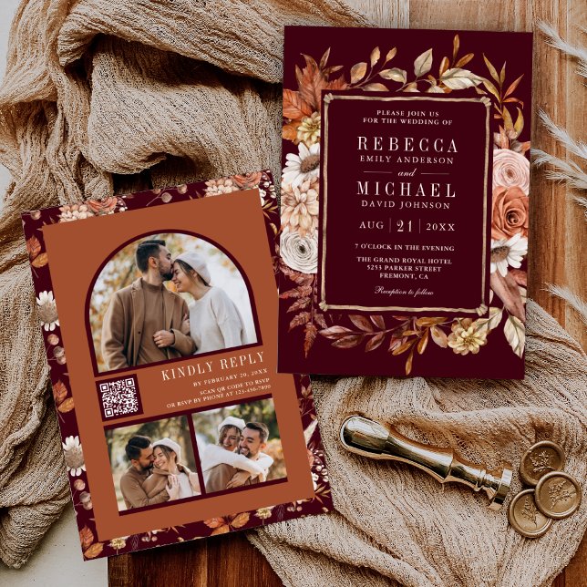 Invitation Code QR de mariage floral en terre cuite bordeaux  (Créateur téléchargé)
