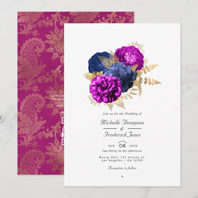 Invitation Code QR de mariage floral Magenta Navy et Or pour  (Devant / Derrière)