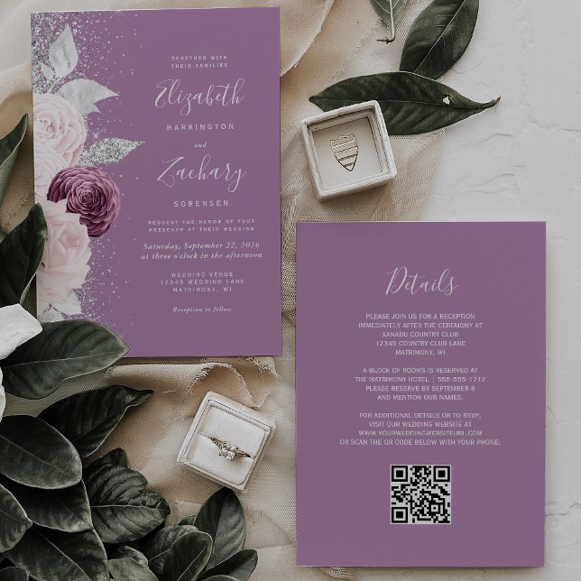 Invitation Code QR de mariage floral mauve blush argenté (Créateur téléchargé)