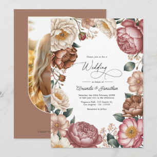 Invitation Code QR de mariage floral Mocha, Crème et Rose Pou