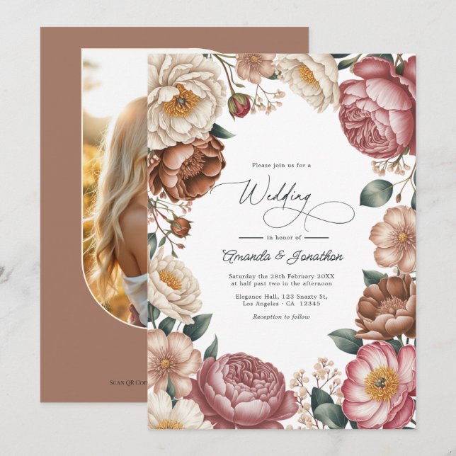 Invitation Code QR de mariage floral Mocha, Crème et Rose Pou (Devant / Derrière)