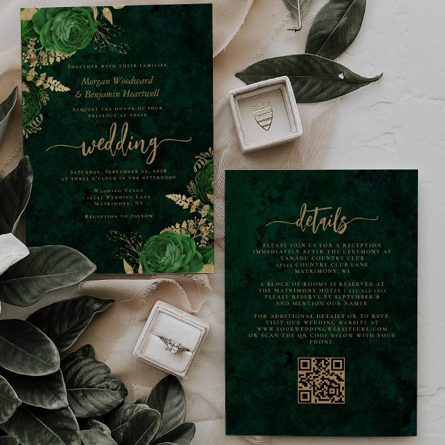 Invitation Code QR de mariage floral or vert émeraude (Créateur téléchargé)