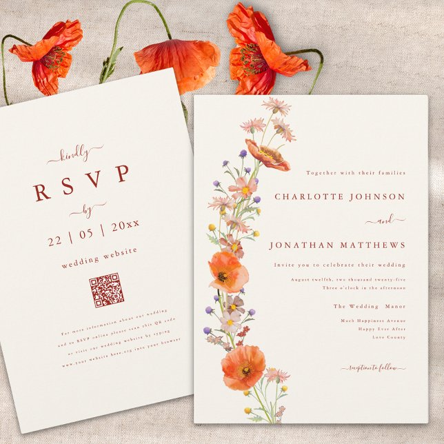 Invitation Code QR de mariage floral orange marron Fleur sauv (Elegant boho wildflower fall wedding invitation with qr code and burnt orange script )
