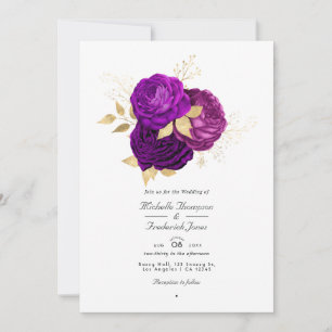 Invitation Code QR de mariage floral pourpre et or pour RSVP