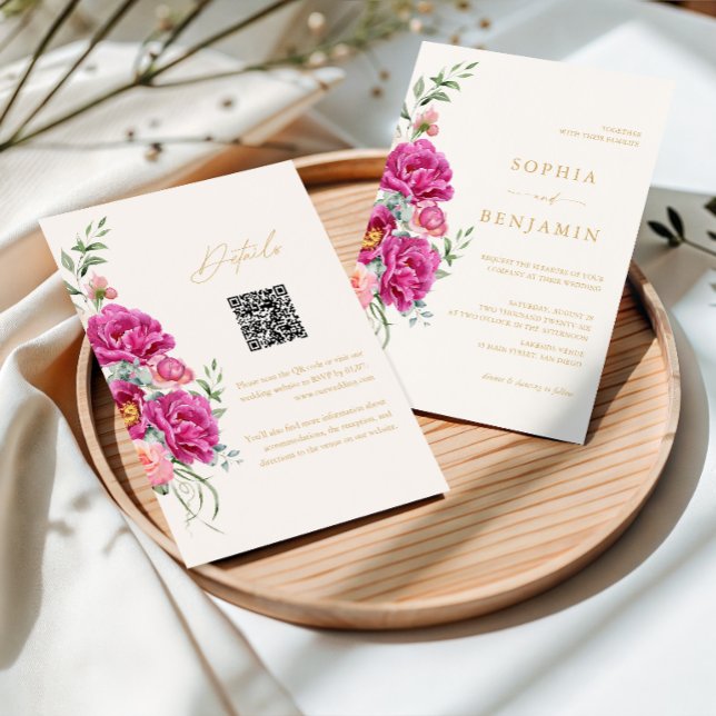 Invitation Code QR de mariage floral rose vibrant élégant et  (Créateur téléchargé)
