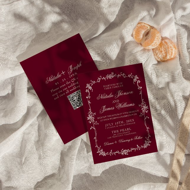 Invitation Code QR de mariage floral rouge profond élégant et (Créateur téléchargé)