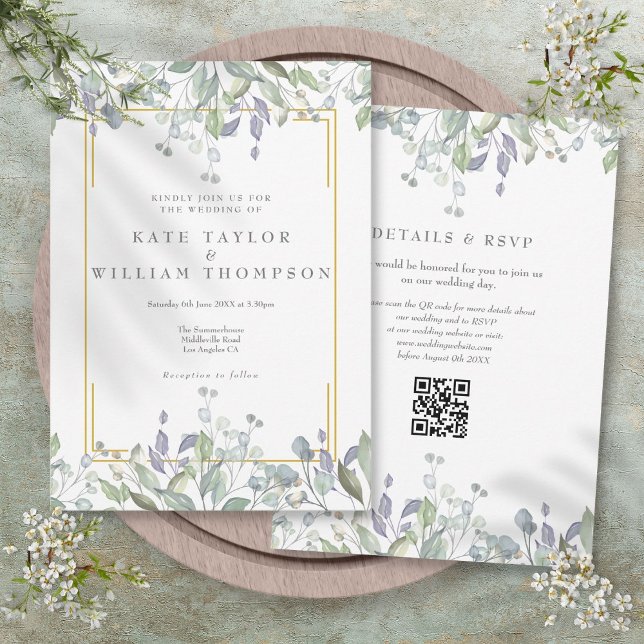 Invitation Code QR de mariage floral sauge lilas verdure (Greenery Floral Sage Lilac QR Code Wedding Invitation)