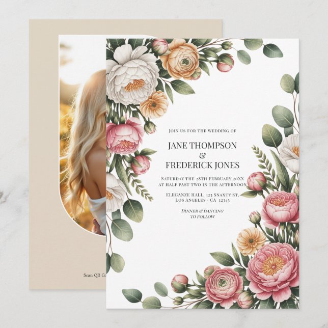 Invitation Code QR de mariage floral sauge, rose et beige cla (Devant / Derrière)