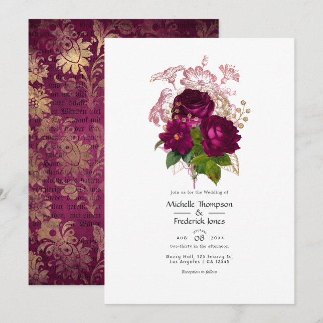 Invitation Code QR de mariage floral shabby or Bourgogne Blus (Devant / Derrière)