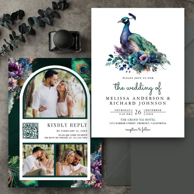 Invitation Code QR de mariage floral vert émeraude avec paon (Créateur téléchargé)