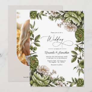 Invitation Code QR de mariage floral vert olive et neutre