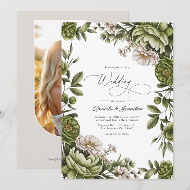 Invitation Code QR de mariage floral vert olive et neutre (Devant / Derrière)