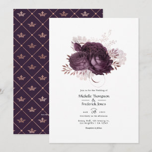 Invitation Code QR de mariage floral violet foncé et or rose