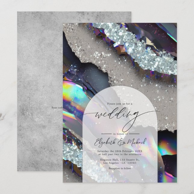Invitation Code QR de mariage Géode d'agate holographique Fau (Devant / Derrière)