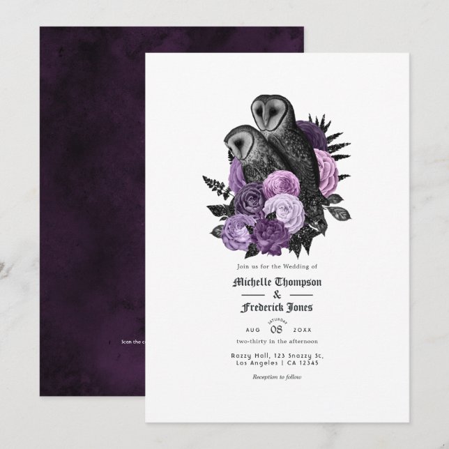 Invitation Code QR de mariage gothique aux hiboux violets Gla (Devant / Derrière)