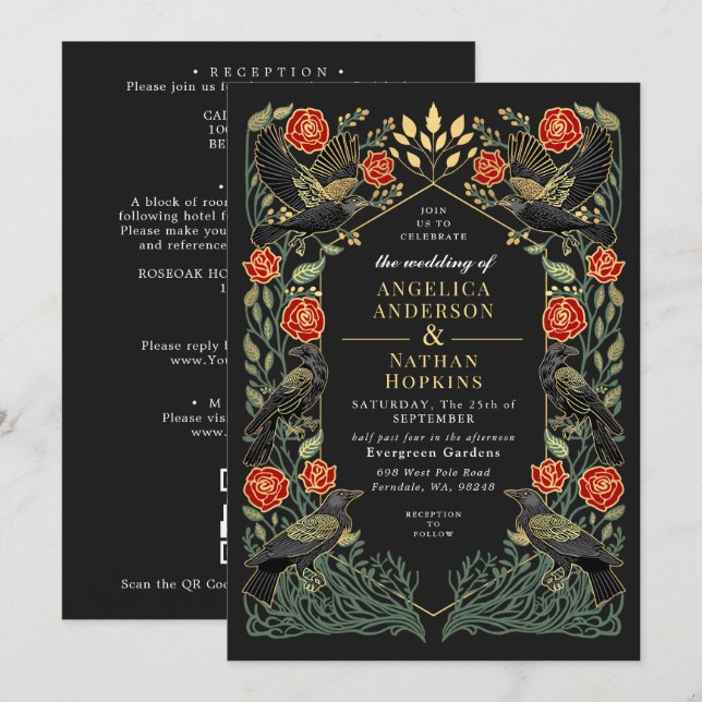 Invitation Code QR de mariage gothique aux roses de corbeau e (Devant / Derrière)