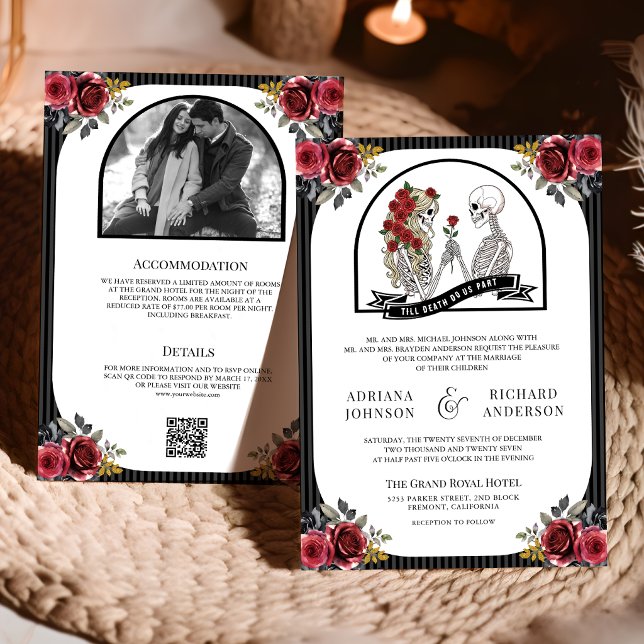 Invitation Code QR de mariage gothique couple squelette Roses (Créateur téléchargé)