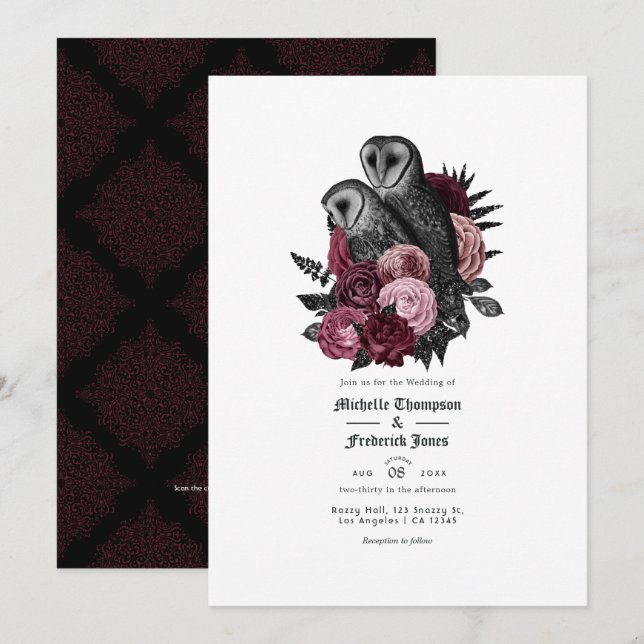 Invitation Code QR de mariage gothique de chouettes Glam vint (Devant / Derrière)