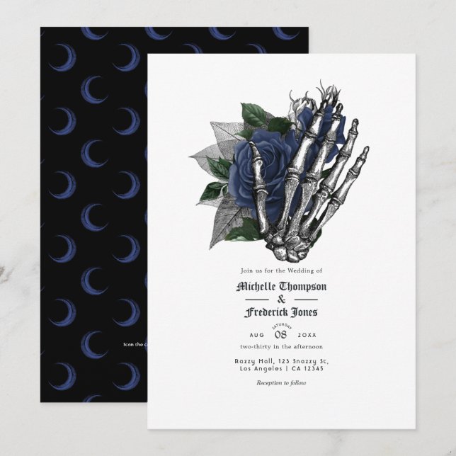Invitation Code QR de mariage gothique floral bleu marine (Devant / Derrière)
