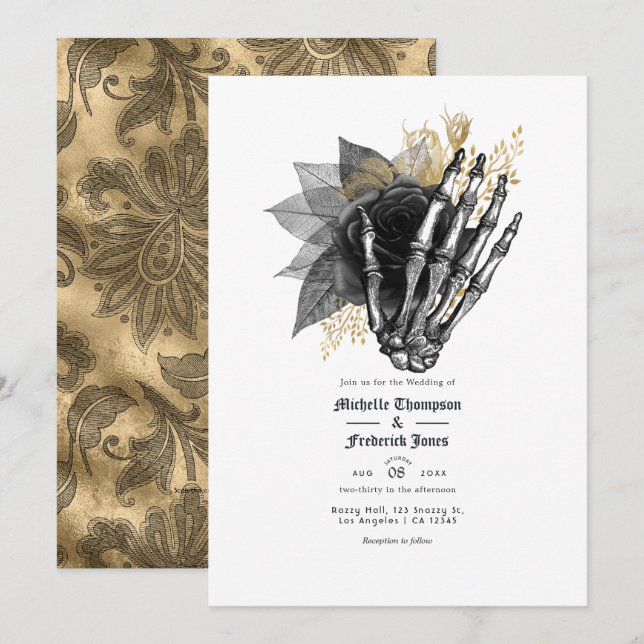 Invitation Code QR de mariage gothique floral noir et or (Devant / Derrière)