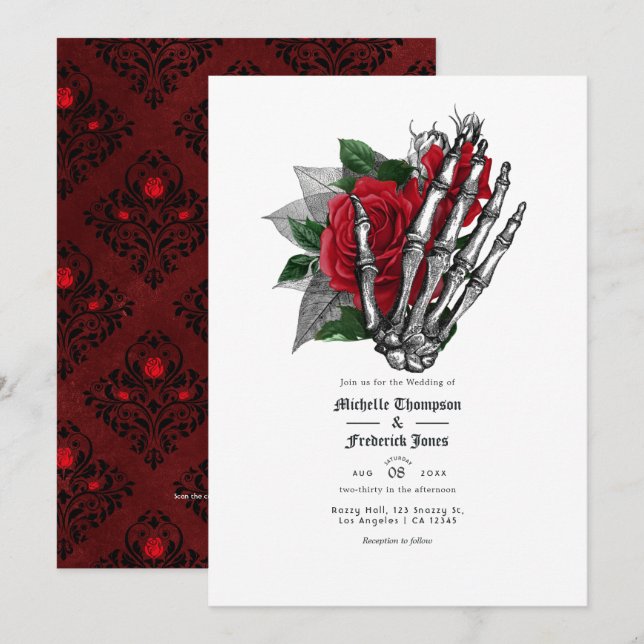 Invitation Code QR de mariage gothique floral noir et rouge (Devant / Derrière)