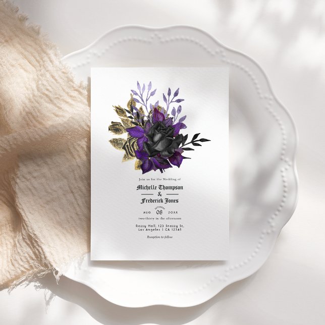 Invitation Code QR de mariage gothique floral noir violet or (Black Purple Gold Floral Gothic Wedding QR Code Invitation)