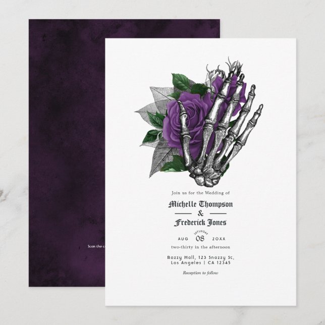 Invitation Code QR de mariage gothique floral pourpre (Devant / Derrière)